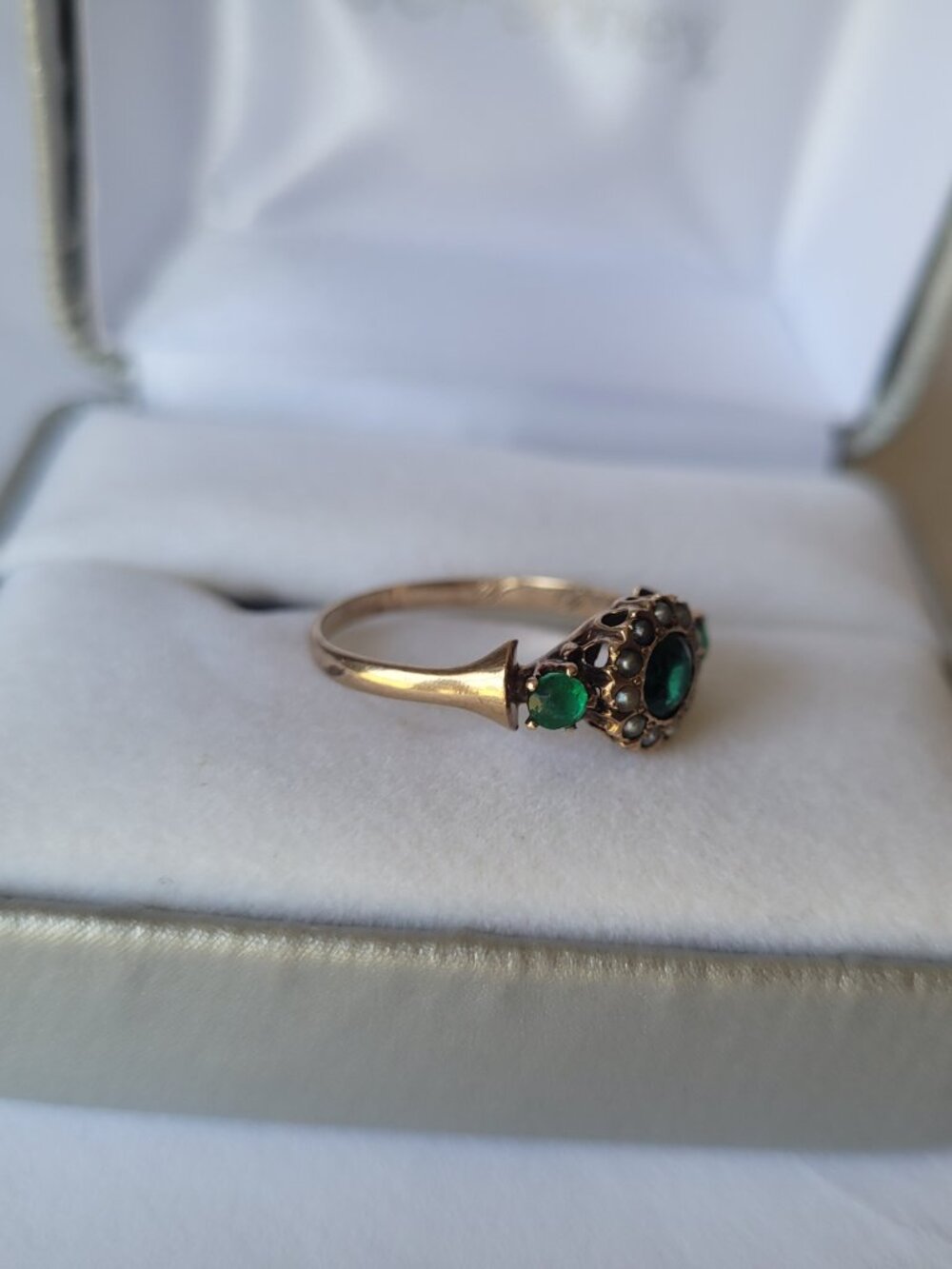 Antique Emerald Green Stones Pearls 10k Gold Victorian Ring May June Birthstones - Picture 15 of 16